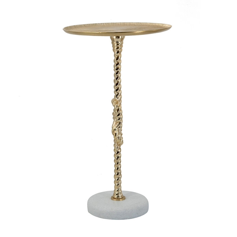 Table d'appoint dorée 13,8 x 13,8 x 24 po avec nœuds en corde et base en marbre blanc