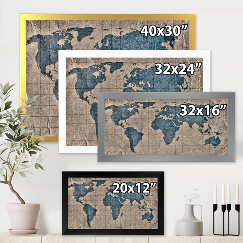 Ancienne carte du monde I - reproduction d'art sur toile, H 30 po x l 40 po x 1,5 po, Encadrement doré