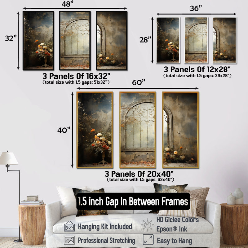 Haunt Floral Gothic Windows I - Floral Wall Art mural, H 40 po x l 60 po, Cadre flottant blanc