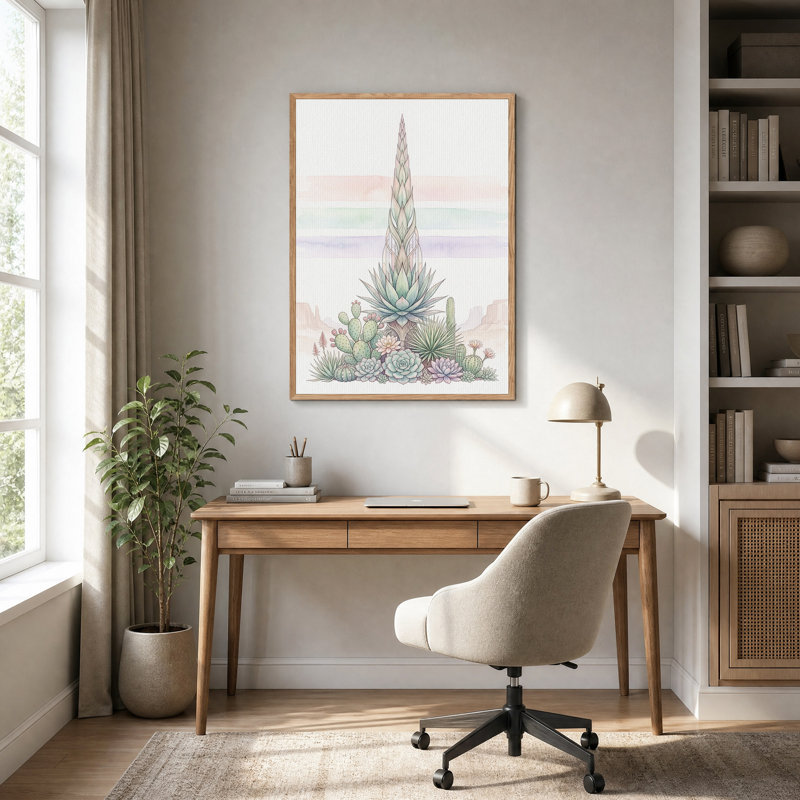 Tableau sur toile aquarelle pastel représentant des cactus et des plantes succulentes, H 48 po x l 32 po
