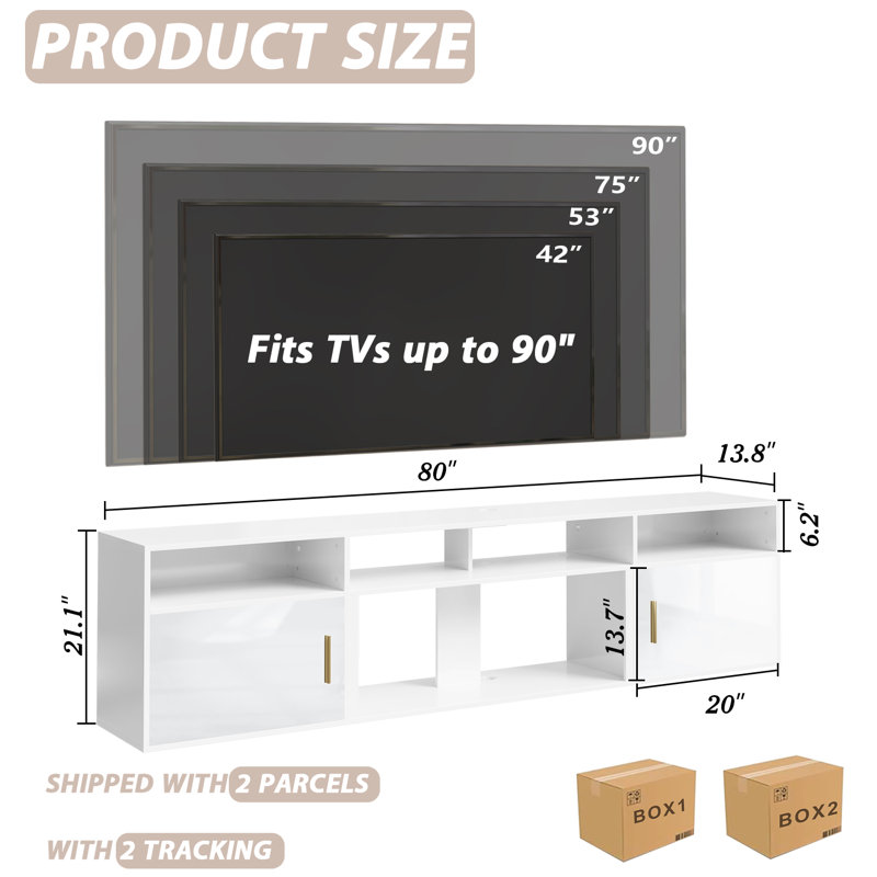 Floating 80" TV Stand with 36" Electric Fireplace, White/Black
