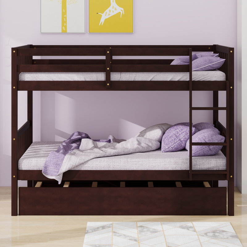 Bunk Bed With Trundle, Featuring Ladder And Safety Guardrails, Espresso