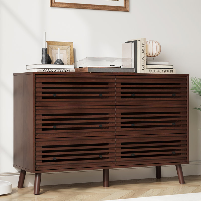 6 Drawers Dresser For Bedroom, 47'' Wide Mid Century Modern Fluted Dresser, Wood Chest Of Drawers Organizer For Bedroom, Living Room, Hallway, Closet, Walnut