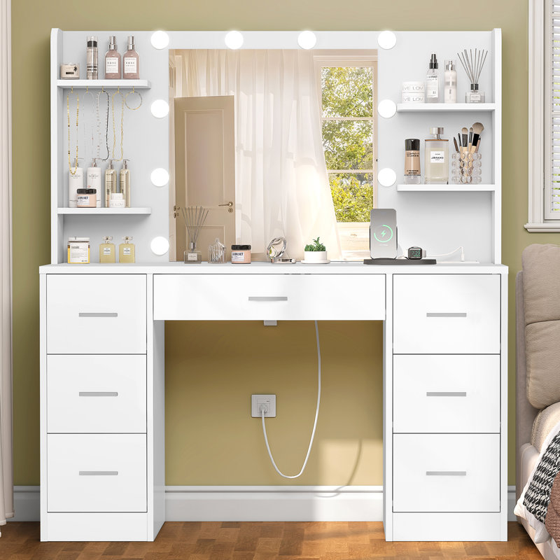 Camyla Makeup Vanity Table with LED Lighted Mirror, Power Outlet, Drawers,Shelves,5 Jewelry Hooks, White, 7