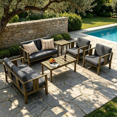 Ensemble de patio extérieur en teck Junco pour six personnes avec coussins et deux tables