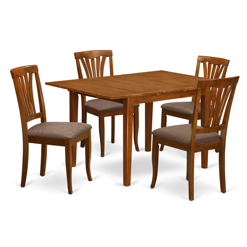 5 Piece Dining Room Table Set Includes a Rectangle Kitchen Table with Butterfly Leaf and 4 Linen Fabric Dining Chairs, Saddle Brown