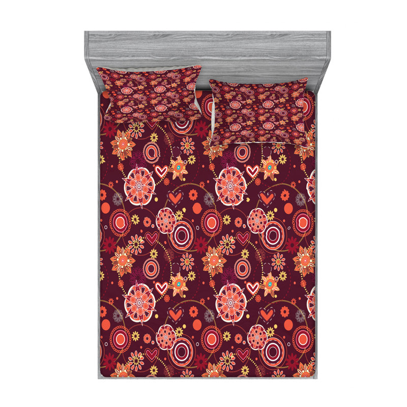 Floral Microfiber Geometric Fitted Sheet, Queen Fitted Sheet with 2 Pillowcases