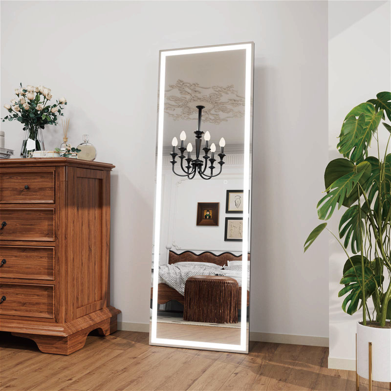  LED Lighted Full Length Mirror With Metal Stand, Contemporary Floor Mirror With Tempered Glass, 65" x 22"