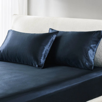 2 Pcs Standard Midnight Blue 100% Satin Luxury Pillowcases, Silky Feel, Gentle On Hair, - Wrinkle , Soft Skin,