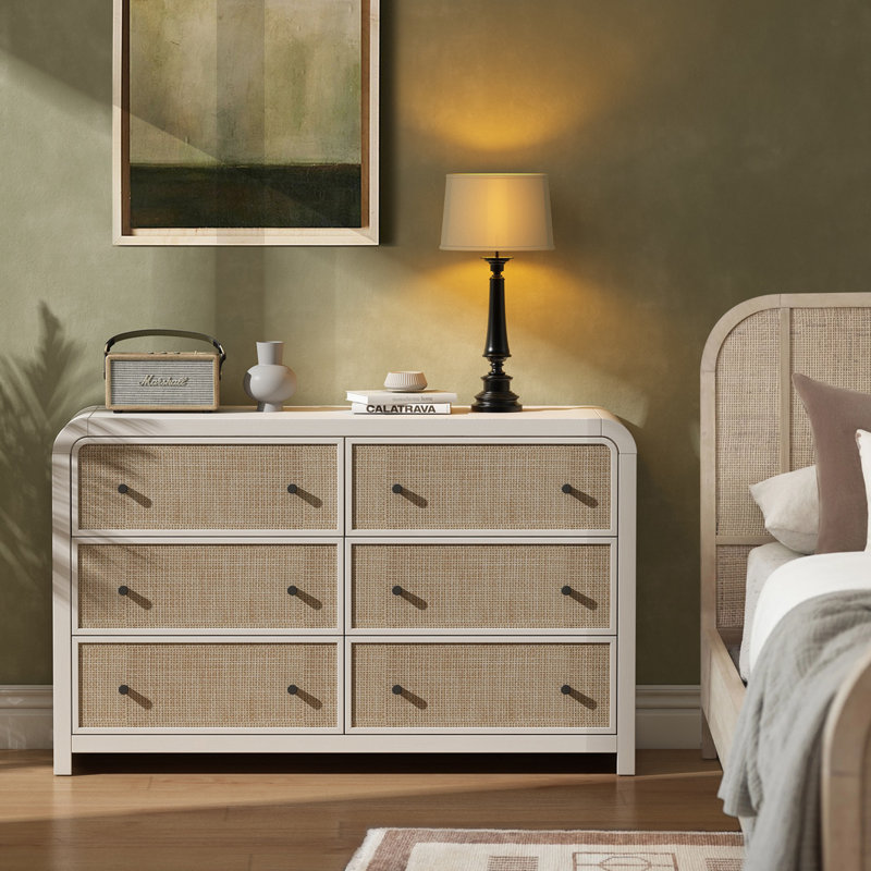 Cevat Rattan 6-Drawers Dresser,Thickened Curved Profile Design, Ivory