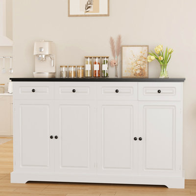 60" Sideboard Buffet Cabinet With Storage With 4 Drawers, Sideboard Storage Cabinet With Adjustable Shelves, Large Kitchen Pantry With Decorative Panelling (black + White)