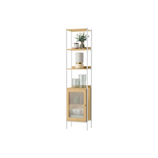 Bibliothèque à 6 niveaux, bibliothèque mince avec porte PC, tablette de rangement autoportante avec structure en métal, tablette réglable, pour le salon, beige chêne et blanc perle