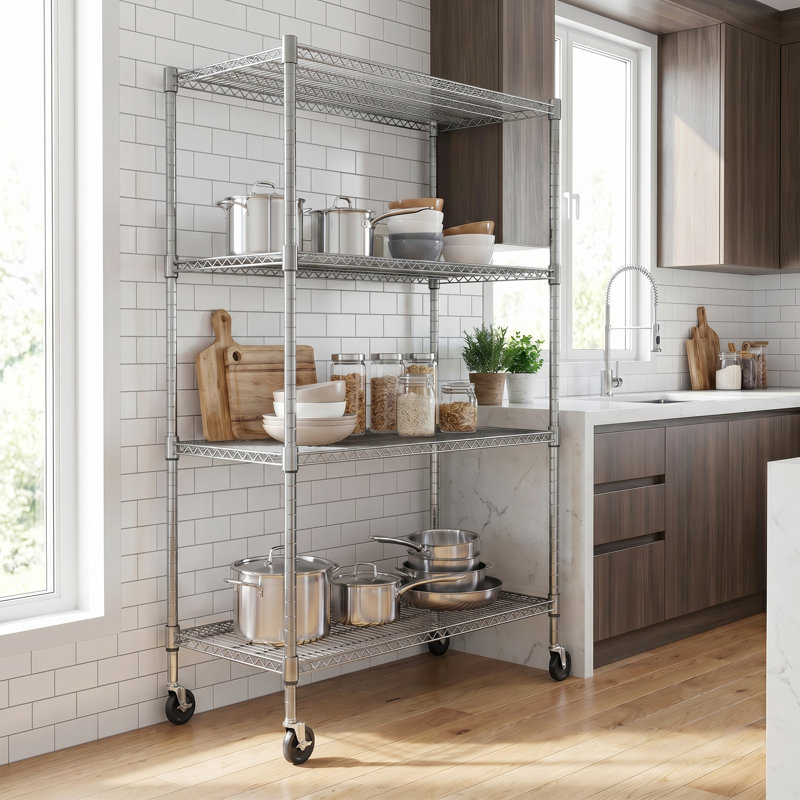 Étagère robuste à hauteur réglable avec roulettes, pieds de nivellement, Chrome, (4 tablettes) H 72 po x l 48 po x P 24 po
