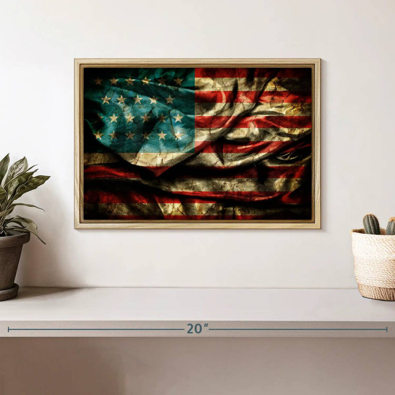 Dirty American Flag, Floating Frame Natural Wood, 13" X 9"
