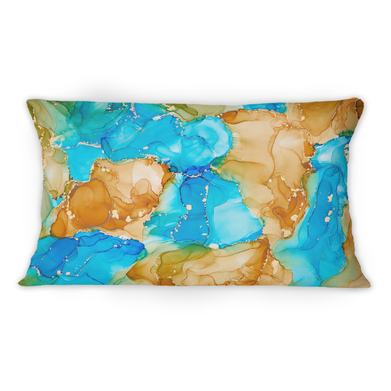Turquoise et brun luxueux abstrait Art fluide I - coussin décoratif imprimé moderne 12 po x 20 po
