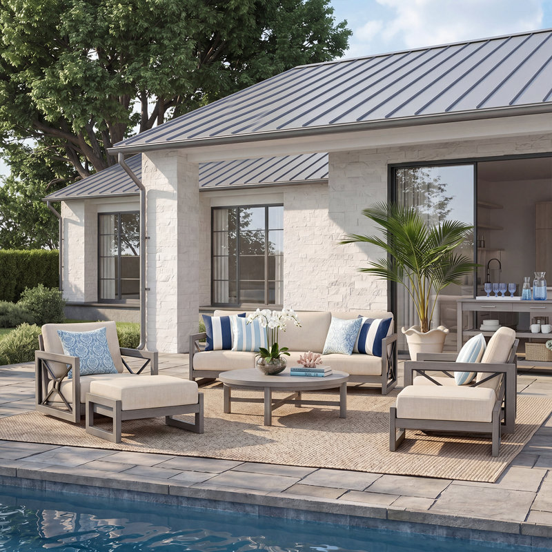 Marindo 5 Person Aluminum Patio Conversation Set With Swivel Lounge Chairs, Ottomans And Sunbrella® Cushions