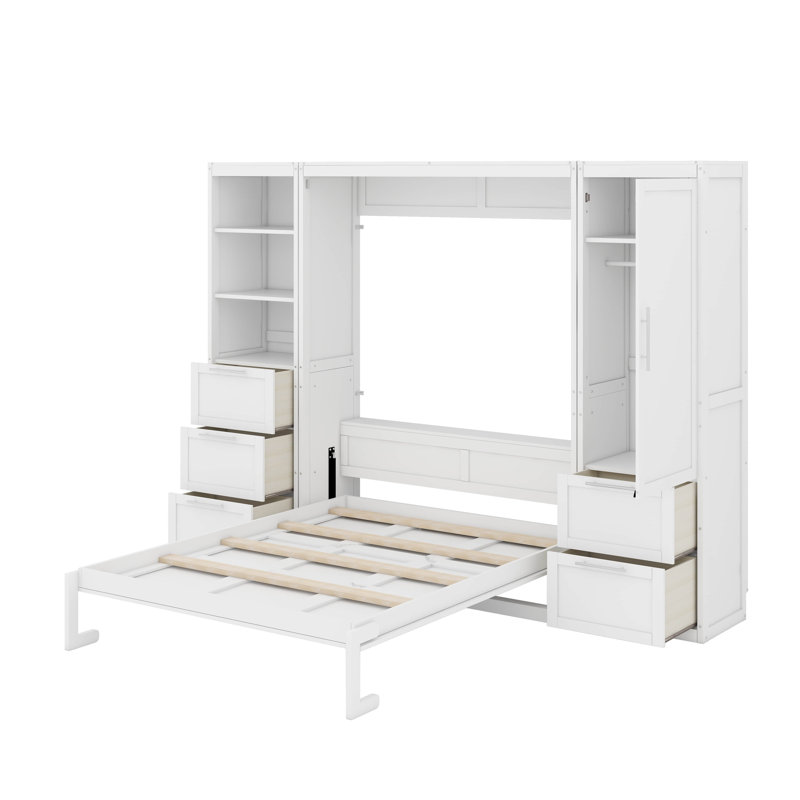 Grand lit escamotable avec tiroirs et tablettes, Blanc