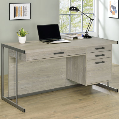 Bureau autoportant à 3 tiroirs, esthétique industrielle rustique, plateau à clavier réglable, gris délavé et gris acier, largeur de produit de 23,5 po, hauteur de 30,5 po, largeur de 60 po, profondeur, profondeur, hauteur, largeur