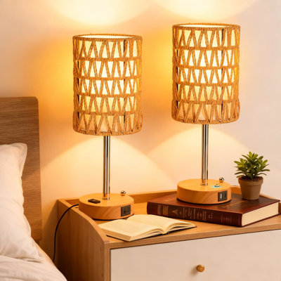 Ensemble de 2 lampes de table en rotin avec commande tactile à intensité variable à 3 voies, ports de charge USB, prise de courant CA et support pour téléphone | Lampe de chevet Boho pour salon, chambre à coucher et bureau