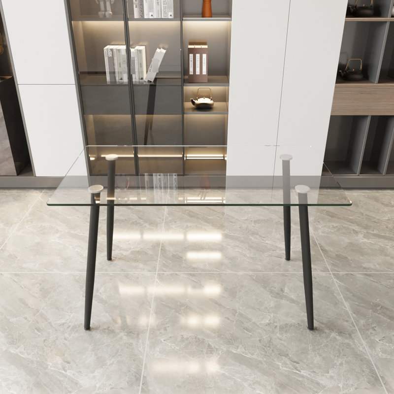 51,67 po - Bureau de salle à manger en verre lisse avec surface trempée et détails en métal noir, sièges 4 et 6 pour les rassemblements sociaux Table rectangulaire minimaliste moderne de 51 po, structure de 0,31 po, grande cuisine de salon