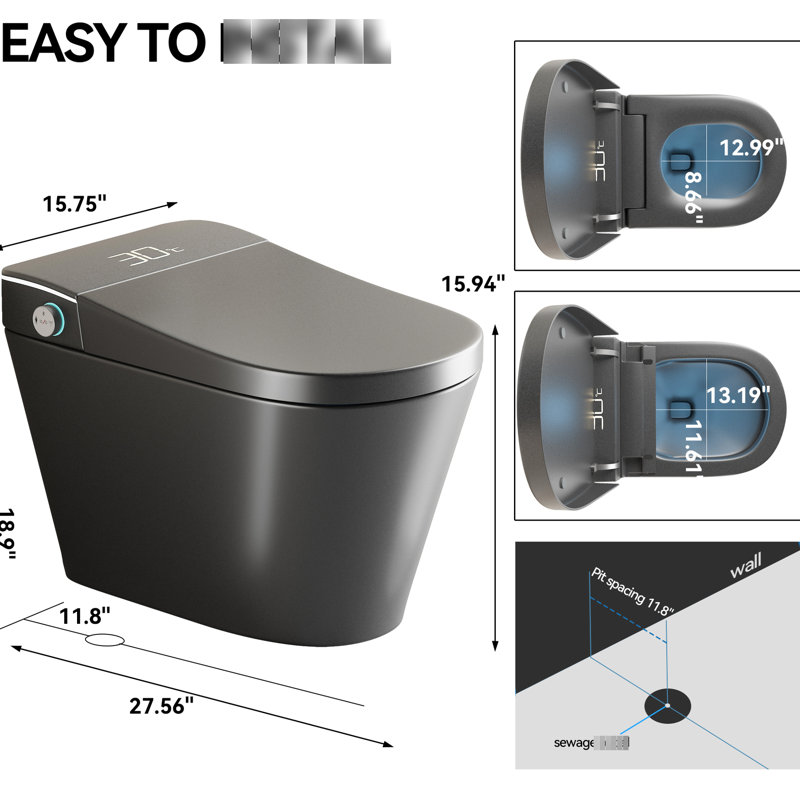 Smart Toilet With Built - In Bidet, Hands Operation, Auto Flush, Seat Temperature Adjustment, Multiple Washing Modes, Grey Siphonic Jet For Cleanliness One Piece Open/Close Seat, Heated Instant Warm