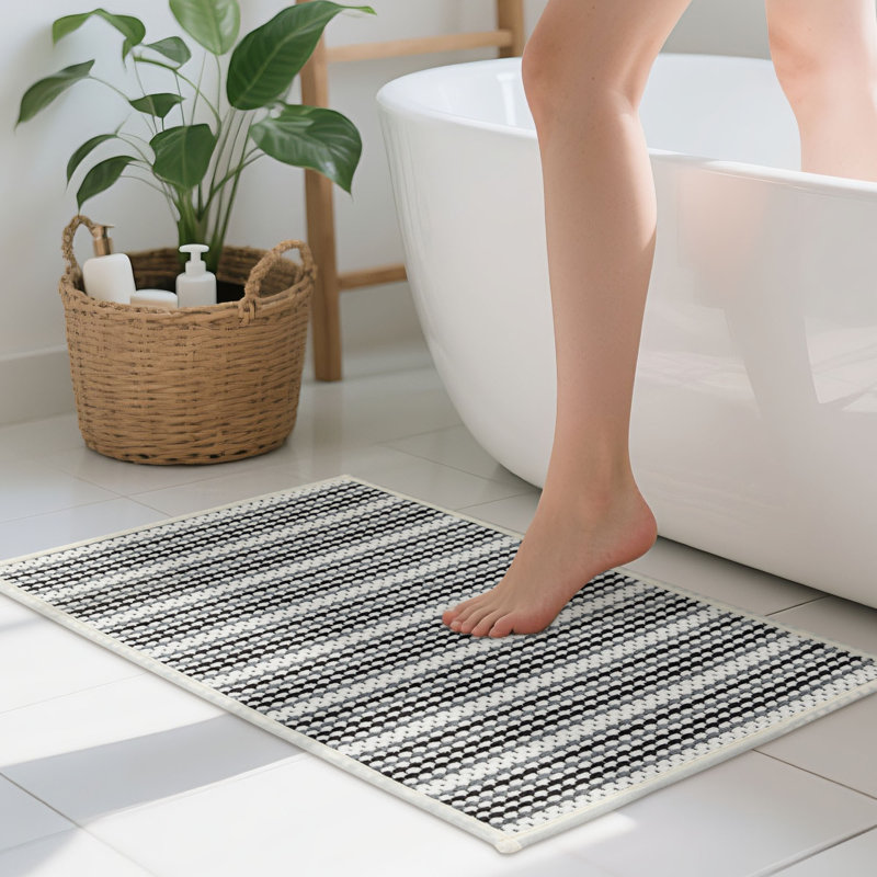 Ultra Thin Gradient Striped Bath Rug With Non-Slip Backing, 36" L x 24" W, Black