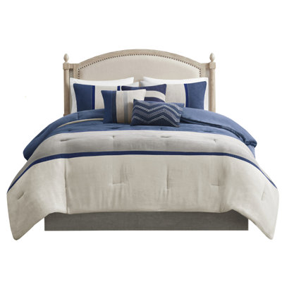 7 Piece Faux Suede Comforter - Queen Size Blue Washable Includes Comforter, Shams, Decorative Pillows, Bed Skirt In Machine Comprises Lovely Look