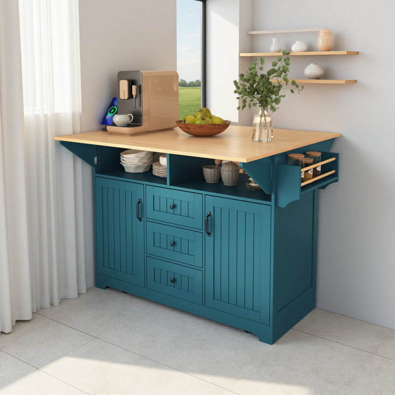 55.7'' Large Kitchen Island With 2 Drop Leaf,, Rolling Kitchen Cart On 5 Wheels With Power Outlet, Folding Storage Dining Table With Spice