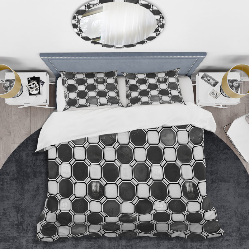 Ensemble de housse de couette moderne noir et blanc Modern Hexagon II, Housse de couette simple + 2 taies décoratives st