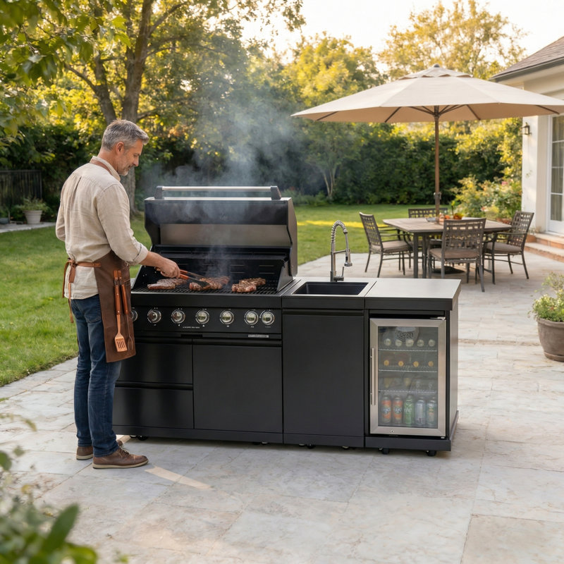 6 brûleurs, 85 000 BTU, barbecue extérieur, cave à vin, réfrigérateur, comptoirs en granit noir, installation, îlot de cuisine américain traditionnel avec barbecue, ensemble compact et évier en acier inoxydable.
