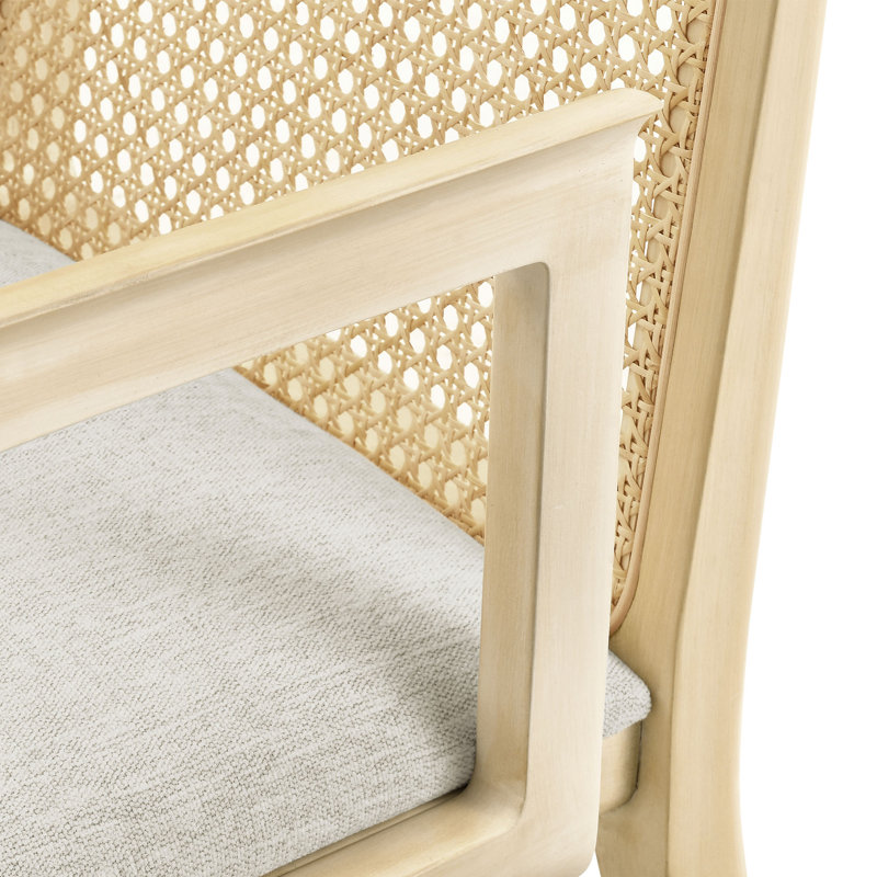 Antique White Rattan and Cane Arm Chair with Padded Seat