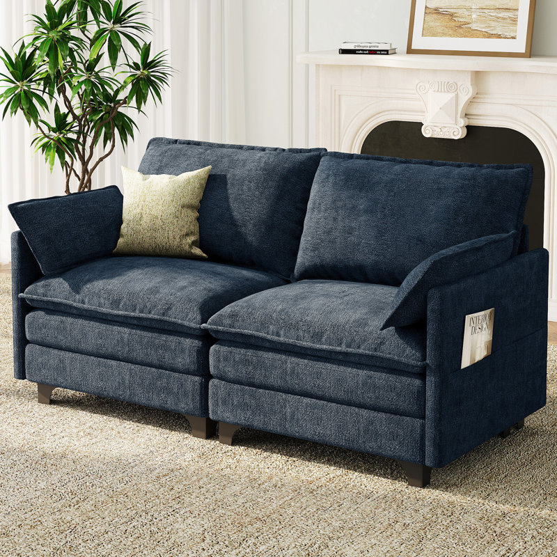 Modern Chenille Loveseat with Durable High-Density Foam and Two Throw Pillows, Blue