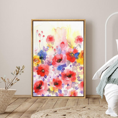 Multicolore fleurs lumineuses, impression sur toile encadrée, aquarelle rétro, fleurs rouges et mauves, illustrations de nature sauvage, art moderne, chic, multicolore coloré pour le salon, la chambre à coucher, le bureau
