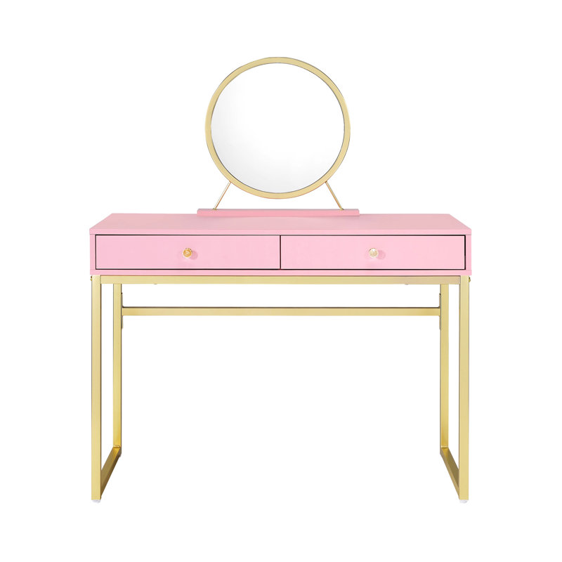 Bureau de coiffeuse rose et doré avec miroir et plateau à bijoux inclus, forme rectangulaire, poignée en cristal, structure en métal, 2 tiroirs de rangement, fabrication en panneau de particules avec finition, design, miroir, tiroirs