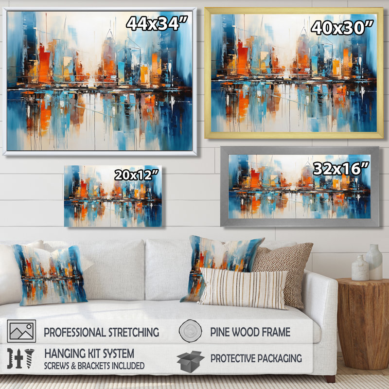«Warm Sunset Over Manhattan - City Architecture», reproduction d'art murale, Toile avec cadre flottant noir