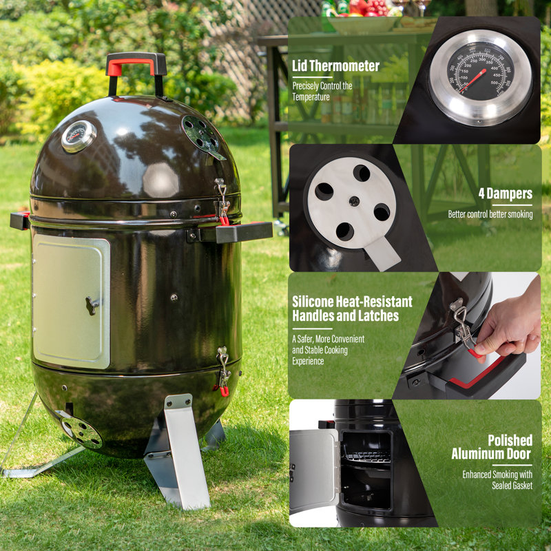 18" Black Charcoal Vertical Smoker Grill with Porcelain Enamel Bowls