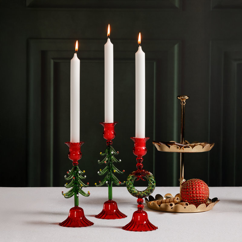 Holiday Tree Taper Candle Holders, Set of 4, 8.25" H x 3.25" W x 3.25" D, Red/Green