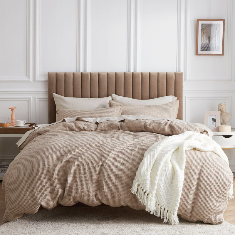  Bedsure 100% Cotton Duvet Cover Queen Size with Fitted Sheet - Waffle Weave Bedding Set （Set of 4）, Khaki
