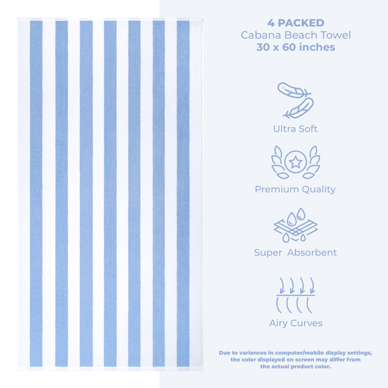 Devontia Cabana Striped Beach Towels, 30x60 inch 4 Piece Oversize Pool Towels, Sky Blue