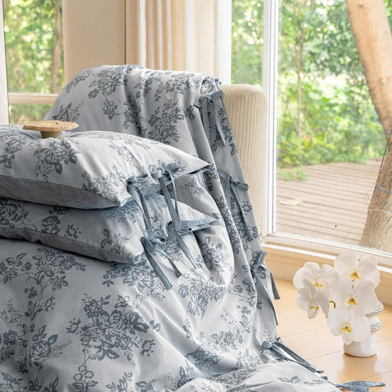 Retro Monet Linen Bowknot Cotton Duvet Cover Set, King Duvet Cover + 2 King Pillowcases, Blue