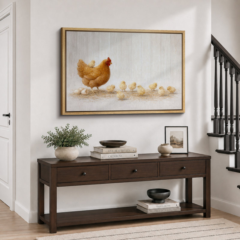 «Hen and Chicks Farmhouse Animal», cuisine, impression sur toile encadrée, H 24 po x l 36 po x P 1,5 po, Cadre naturel