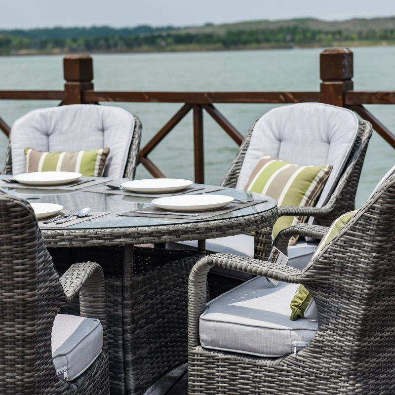 Oval Aluminum Wicker Dining Table With Umbrella Hole – (L70.87" X W47.24" X H28.35"), Gray
