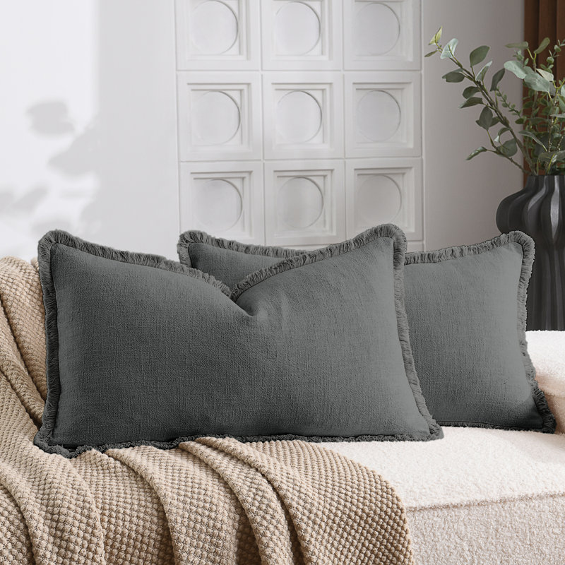 Washed Linen Textured Boho Farmhouse Pillow Cover With Tassels Edge, Gray, Rectangle 12"H x 20"W