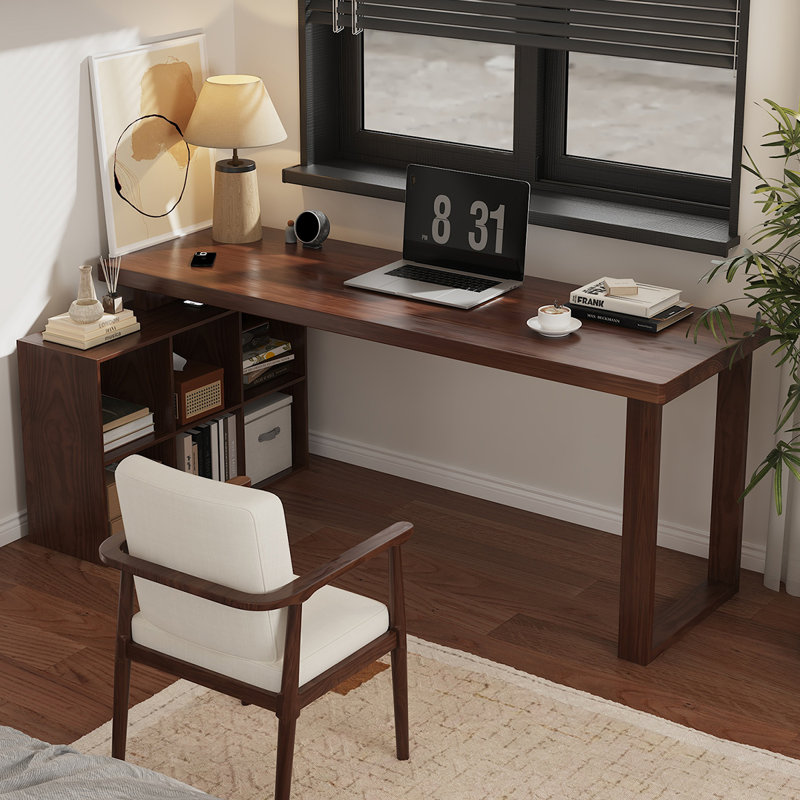 Bureau en bois massif en forme de L noyer foncé, H 29,53 po x l 86,61 po x P 35,43 po, Retour à gauche