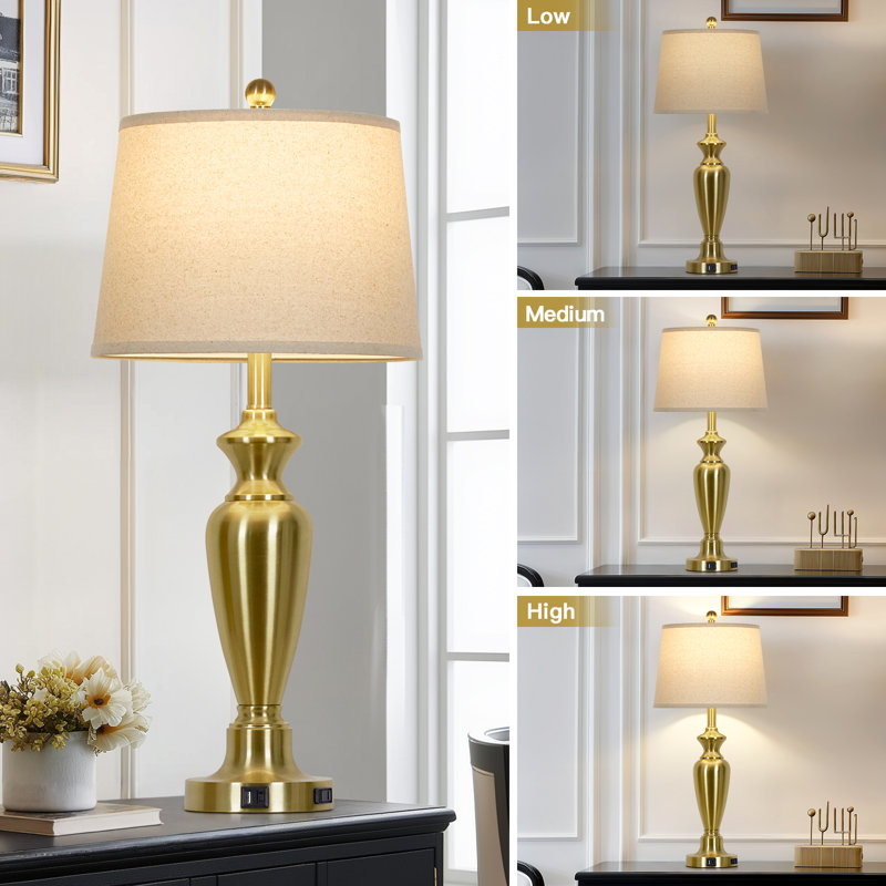 30” Black Touch Control Table Lamps With USB & Type-c Ports, Led Bulb Included, Antique Brass