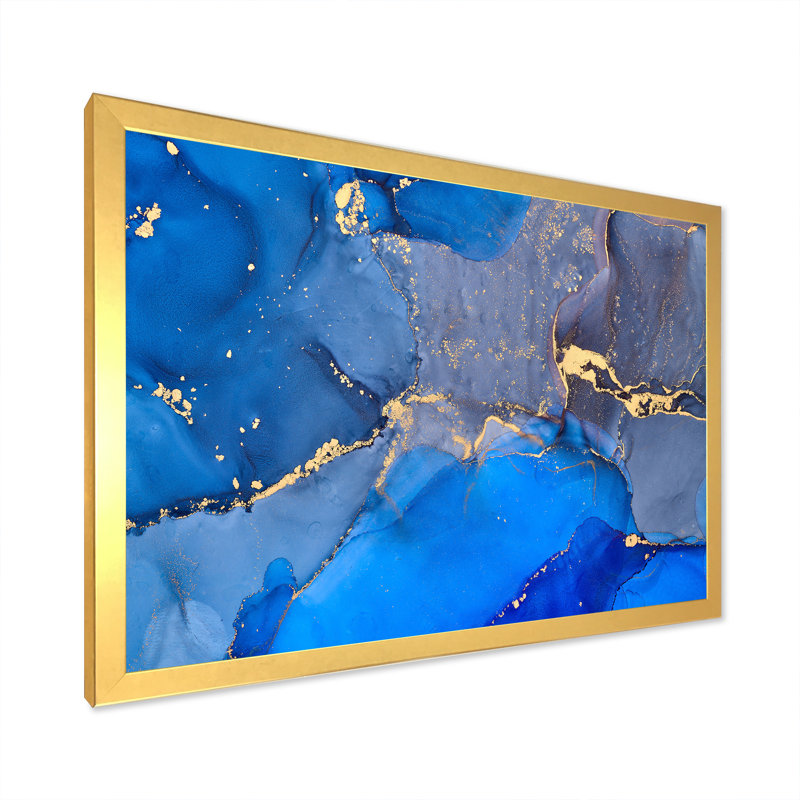 «Blue Luxury Abstract Fluid XVIII», peinture sur toile, H 30 po x l 40 po, Cadre doré à coins fermés