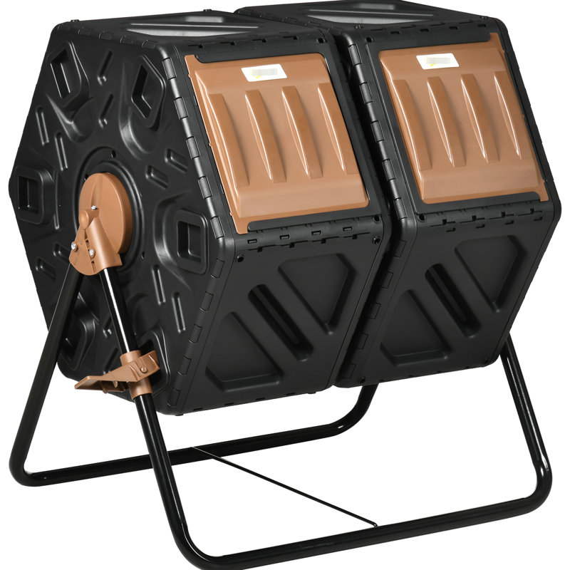 Composteur à double chambre de 34,5 gallons - 24 ouvertures de ventilation, pieds en acier, rotatif pour jardins énigmatiques, compartiment de 34,5 gallons, trous, jardins captivants