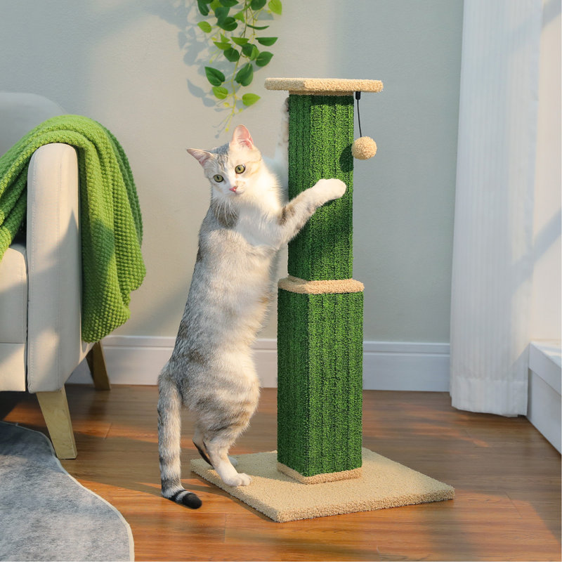 Large Cat Scratching Post 32” Tall Black Scratching Post for Indoor Cats Adults Ultimate Scratch Post with Woven Sisal, Large Base and Removable Dangling Ball- Green