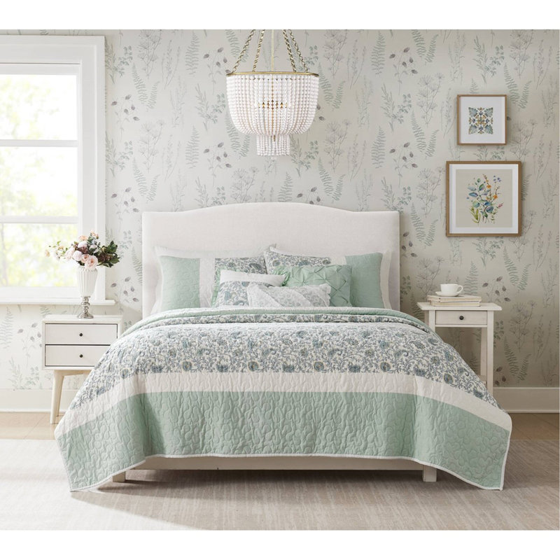 Ensemble de courtepointe en percale de coton 6 pièces avec coussins décoratifs, Turquoise