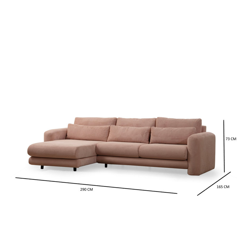 Elegant Corner Sofa, Pink Fabric, 114.2 x 65.0 x 28.7 inches | Beech Wood & Chipboard Frame | 100% Polyester, Dry-Cleanable | 28 DNS Foam Back, Portable Cushions, Stylish & Comfortable Living Room Furniture